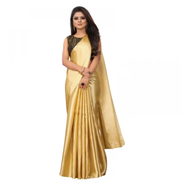 Women's Satin Plain Saree With Blouse (Gold, 5-6 Mtrs)