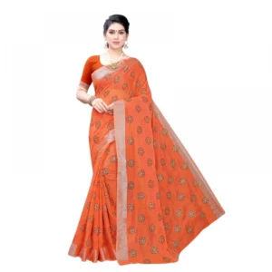 Women's Linen Blend Digital Print Saree With Blouse (Orange, 5-6 Mtrs)