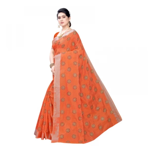 Women's Linen Blend Digital Print Saree With Blouse (Orange, 5-6 Mtrs)