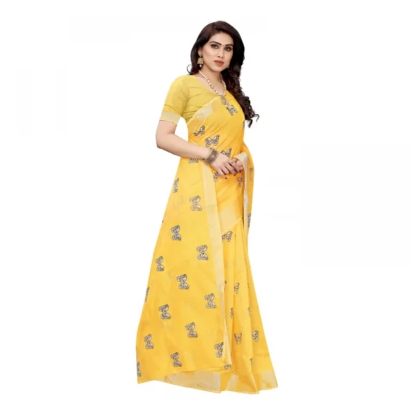 Women's Linen Blend Digital Print Saree With Blouse (Yellow, 5-6 Mtrs)