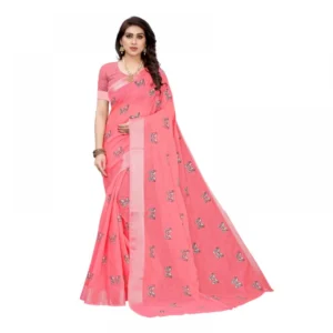 Women's Linen Blend Digital Print Saree With Blouse (Peach, 5-6 Mtrs)