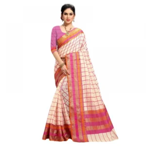 Women's Kota Doria Cotton Bordered Saree With Blouse (Beige, 5-6 Mtrs)