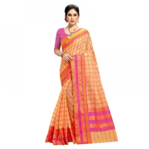Women's Kota Doria Cotton Bordered Saree With Blouse (Orange, 5-6 Mtrs)