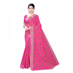 Women's Linen Blend Digital Print Saree With Blouse (Pink, 5-6 Mtrs)