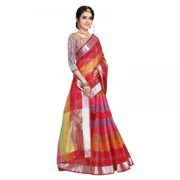 Women's Kota Doria Cotton Self Design Saree With Blouse (Red, 5-6 Mtrs)