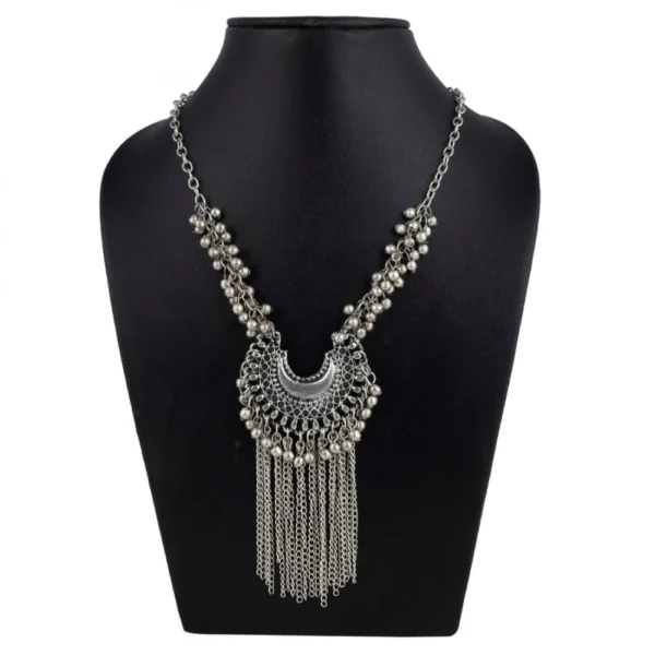 Women's Designer High Quality Oxidized Silver Afgani Necklace Set (Color: Silver)