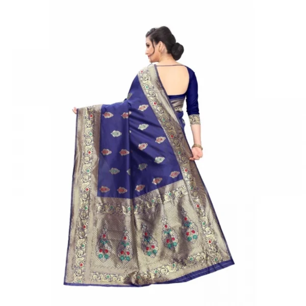 Women's Jacquard Saree With Blouse (Dark Blue, 5-6 Mtrs)