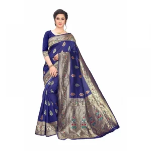 Women's Jacquard Saree With Blouse (Dark Blue, 5-6 Mtrs)