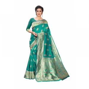 Women's Jacquard Saree With Blouse (Turquoise Green, 5-6 Mtrs)