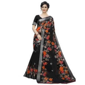 Women's Cotton Silk Saree With Blouse (Black, 5-6 Mtrs)