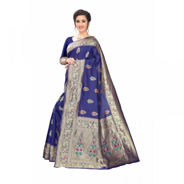 Women's Jacquard Saree With Blouse (Dark Blue, 5-6 Mtrs)