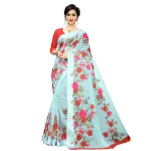 Women's Cotton Silk Saree With Blouse (Sky Blue, 5-6 Mtrs)
