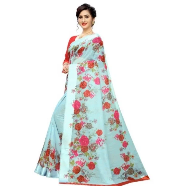 Women's Cotton Silk Saree With Blouse (Sky Blue, 5-6 Mtrs)