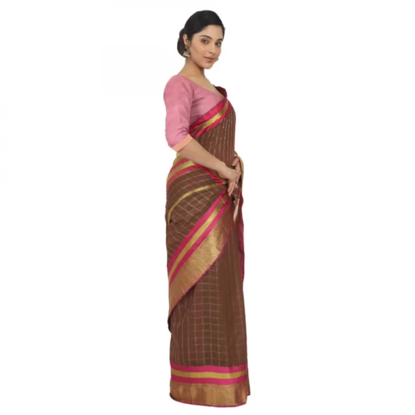 Women's Cotton Silk Saree With Blouse (Brown, 5-6 Mtrs)