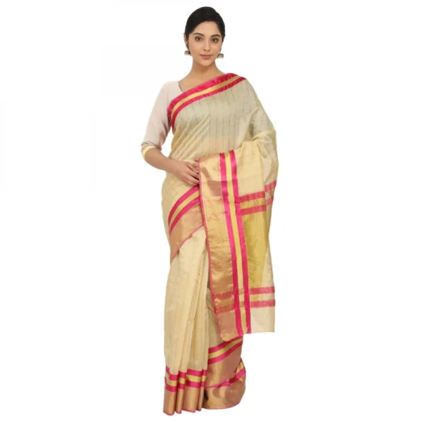 Women's Cotton Silk Saree With Blouse (Beige, 5-6 Mtrs)