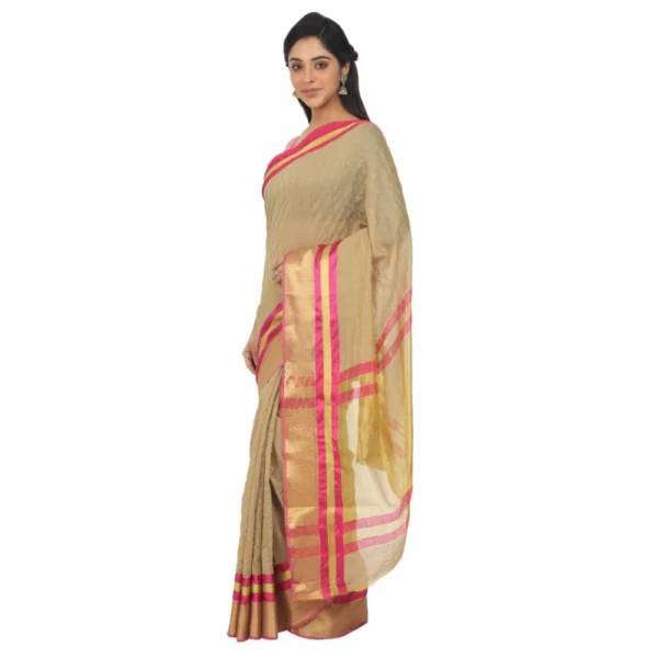 Women's Cotton Silk Saree With Blouse (Beige, 5-6 Mtrs)