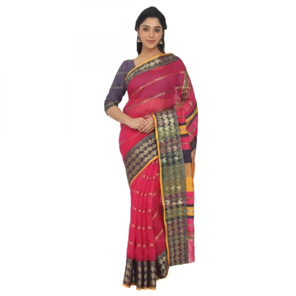 Women's Cotton Silk Saree With Blouse (Dark Pink, 5-6 Mtrs)