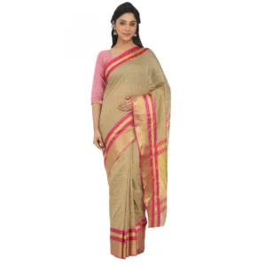 Women's Cotton Silk Saree With Blouse (Beige, 5-6 Mtrs)