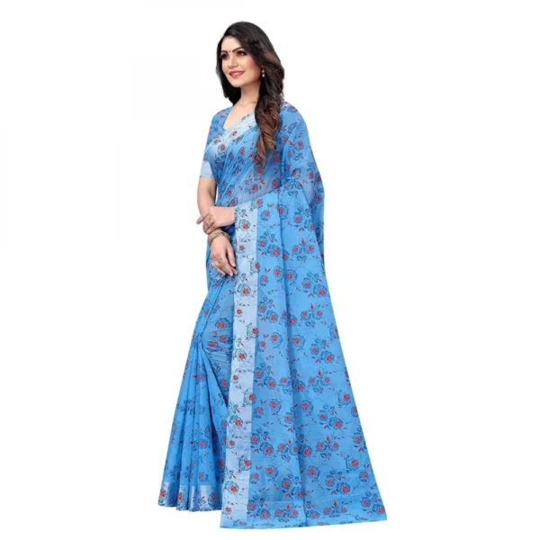 Women's Cotton Silk Saree With Blouse (Blue, 5-6 Mtrs)