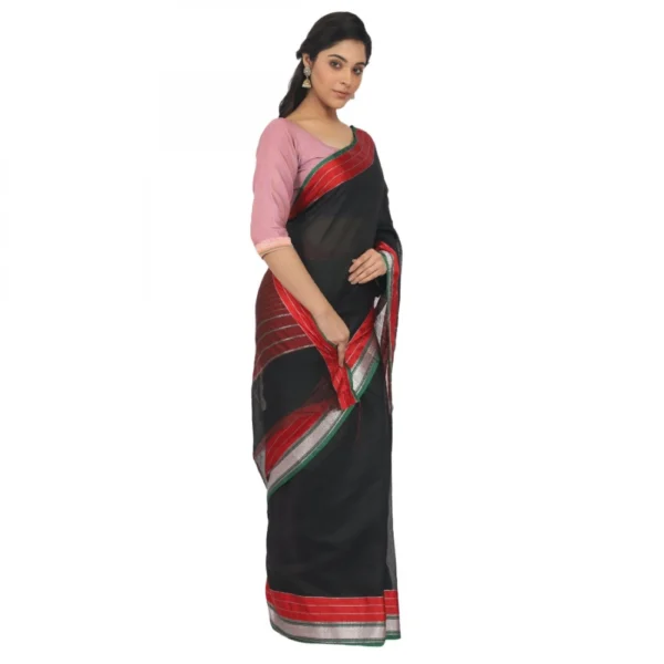 Women's Cotton Silk Saree With Blouse (Black, 5-6 Mtrs)