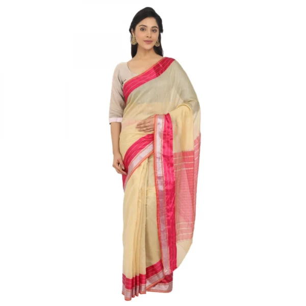 Women's Cotton Silk Saree With Blouse (Beige, 5-6 Mtrs)