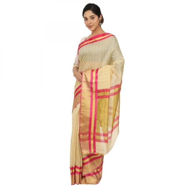 Women's Cotton Silk Saree With Blouse (Beige, 5-6 Mtrs)