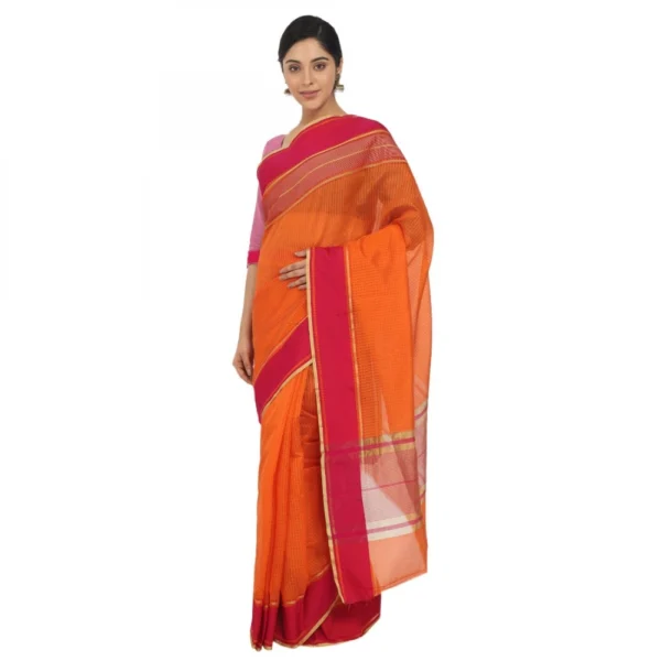 Women's Silk Cotton Saree With Blouse (Orange, 5-6 Mtrs)