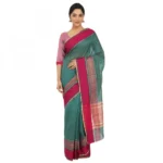 Women's Silk Cotton Saree With Blouse (Turquoise green, 5-6 Mtrs)