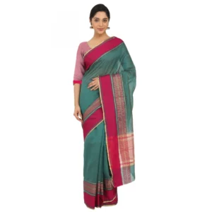 Women's Silk Cotton Saree With Blouse (Turquoise green, 5-6 Mtrs)