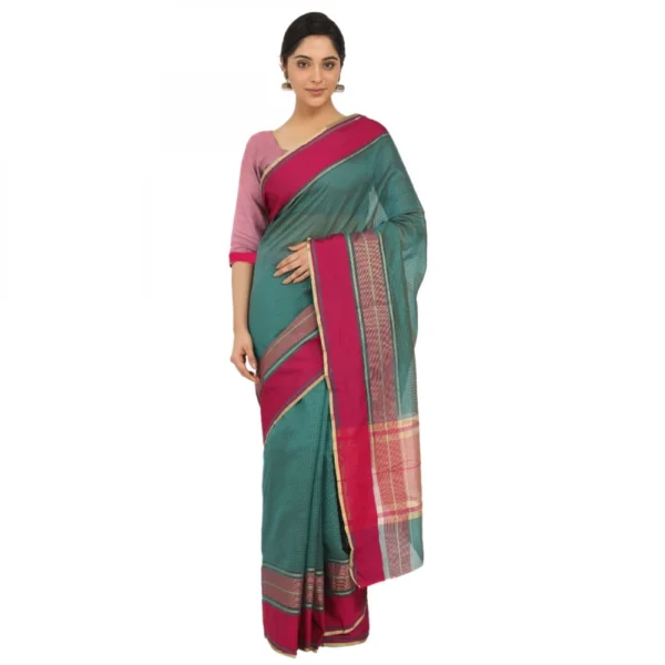 Women's Silk Cotton Saree With Blouse (Turquoise green, 5-6 Mtrs)