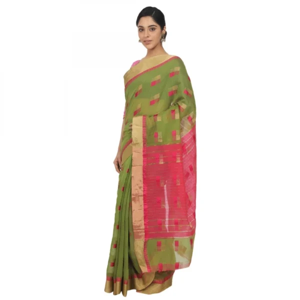Women's Cotton Silk Saree With Blouse (Green, 5-6 Mtrs)