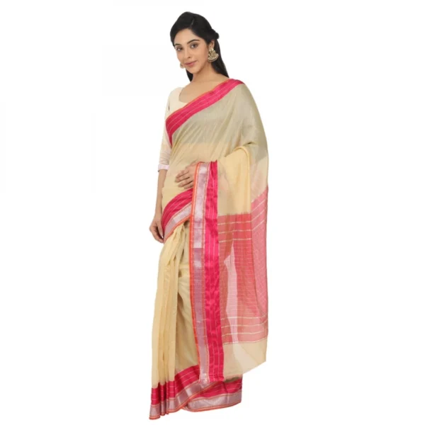 Women's Cotton Silk Saree With Blouse (Beige, 5-6 Mtrs)