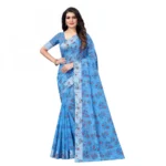 Women's Cotton Silk Saree With Blouse (Blue, 5-6 Mtrs)