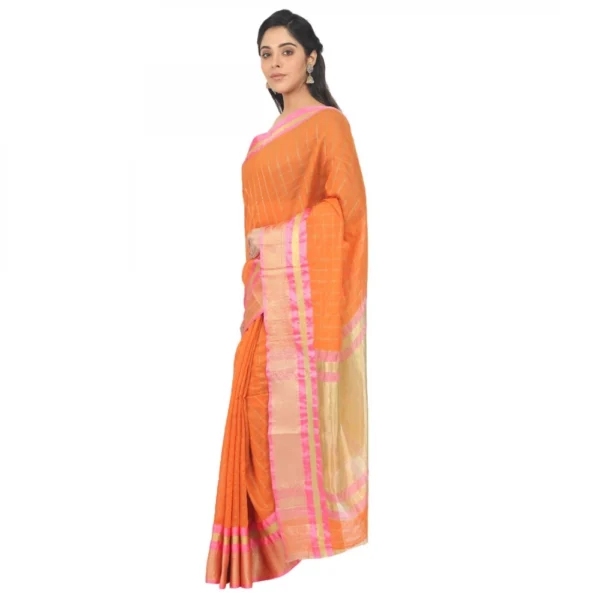 Women's Cotton Silk Saree With Blouse (Orange, 5-6 Mtrs)