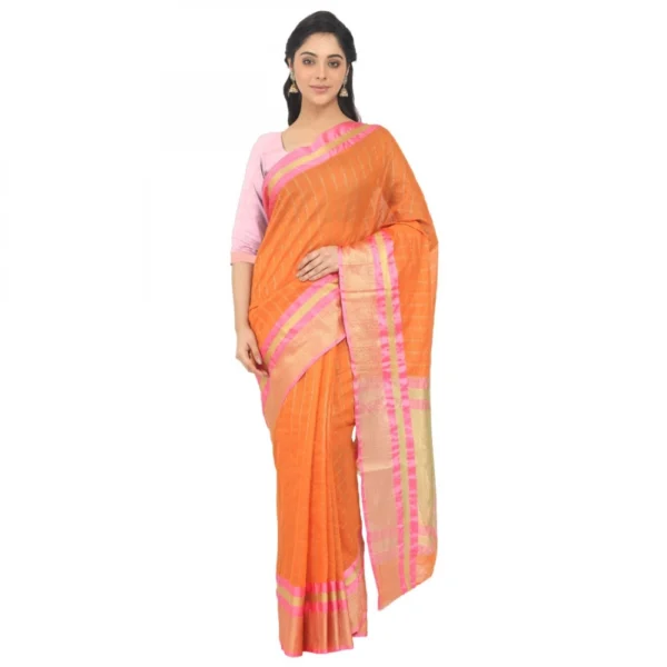 Women's Cotton Silk Saree With Blouse (Orange, 5-6 Mtrs)