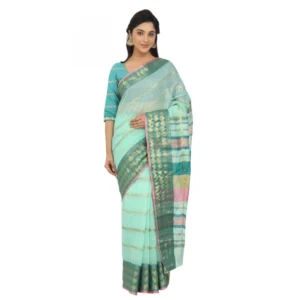 Women's Cotton Silk Saree With Blouse (Turquoise green, 5-6 Mtrs)