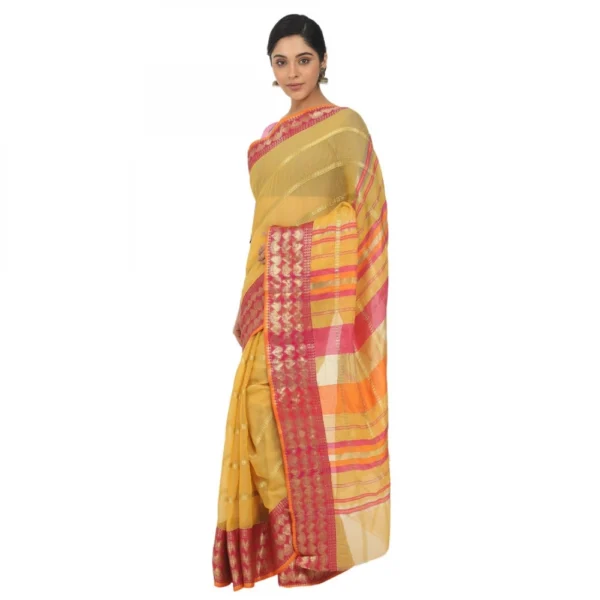 Women's Cotton Silk Saree With Blouse (Yellow, 5-6 Mtrs)