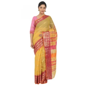 Women's Cotton Silk Saree With Blouse (Yellow, 5-6 Mtrs)
