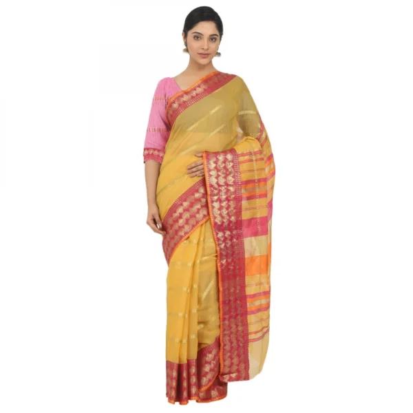 Women's Cotton Silk Saree With Blouse (Yellow, 5-6 Mtrs)