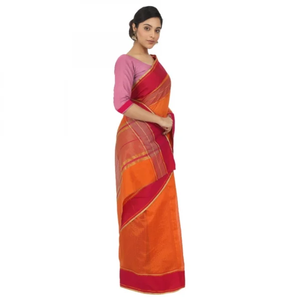 Women's Silk Cotton Saree With Blouse (Orange, 5-6 Mtrs)