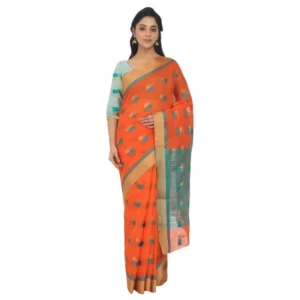 Women's Cotton Silk Saree With Blouse (Orange, 5-6 Mtrs)