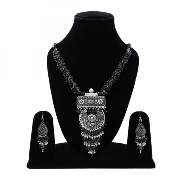 Silver Antique German Oxidized Silver Plated Tribal Afghani Necklace With Earrings Set For Women