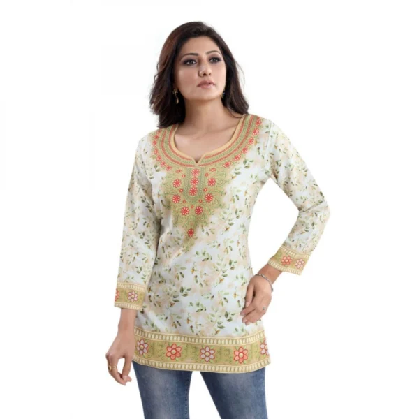 Women's Quarter Sleeve Faux Crepe Printed Short Kurti Tunic Top (Color:White)