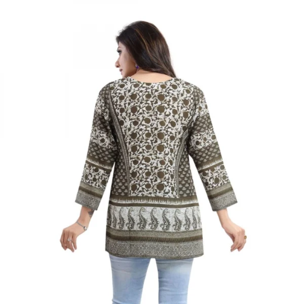 Women's Quarter Sleeve Faux Crepe Printed Short Kurti Tunic Top (Color:Green)