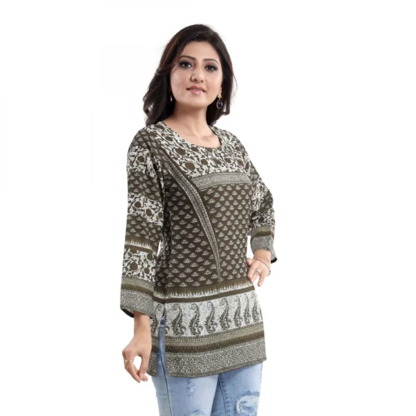 Women's Quarter Sleeve Faux Crepe Printed Short Kurti Tunic Top (Color:Green)