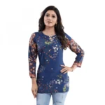 Women's Quarter Sleeve Faux Crepe Printed Short Kurti Tunic Top (Color:Pastel)