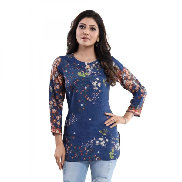 Women's Quarter Sleeve Faux Crepe Printed Short Kurti Tunic Top (Color:Pastel)