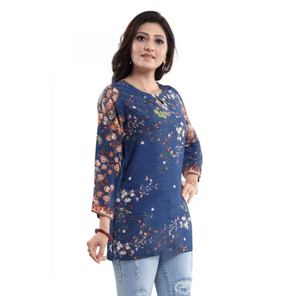 Women's Quarter Sleeve Faux Crepe Printed Short Kurti Tunic Top (Color:Pastel)