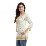 Women's Quarter Sleeve Faux Crepe Printed Short Kurti Tunic Top (Color:White)