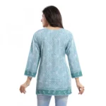 Women's Quarter Sleeve Faux Crepe Printed Short Kurti Tunic Top (Color:Blue)